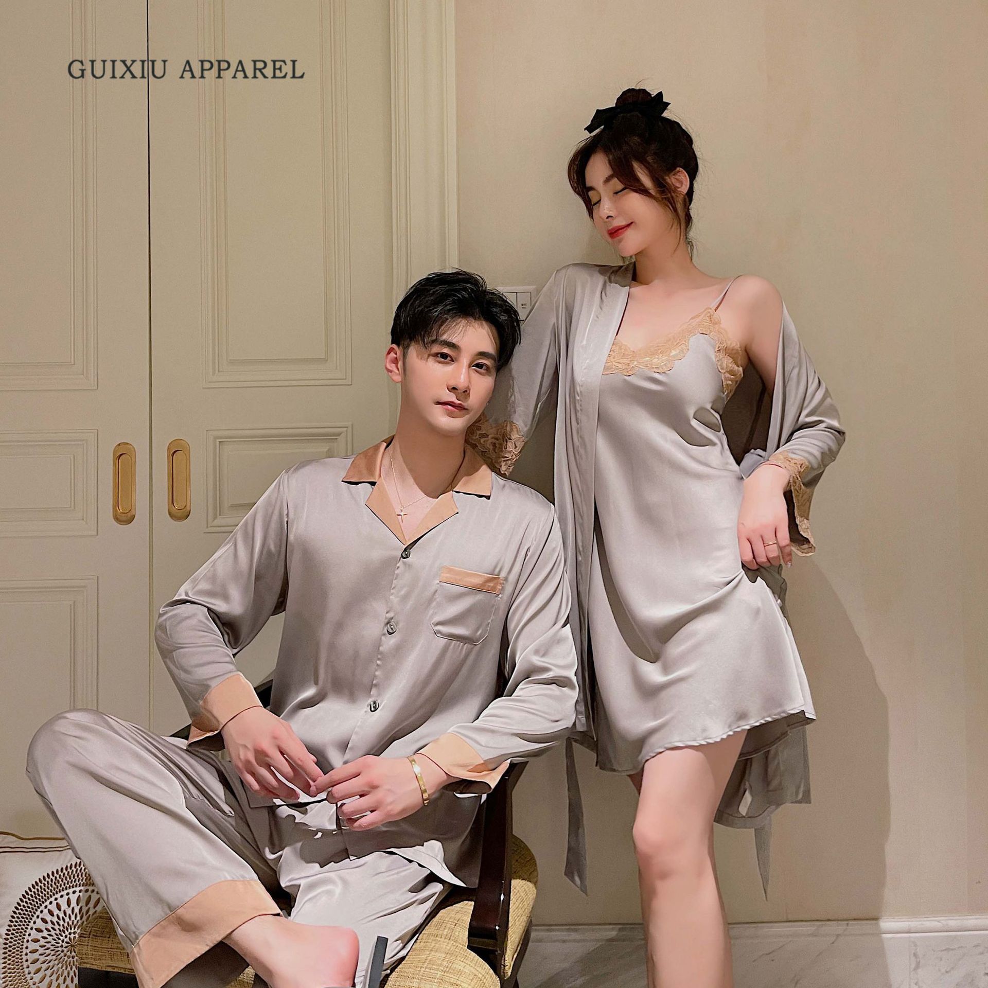 高端情侣家居服柔软纺丝睡衣春夏季男款睡衣女睡袍性感睡裙高级感