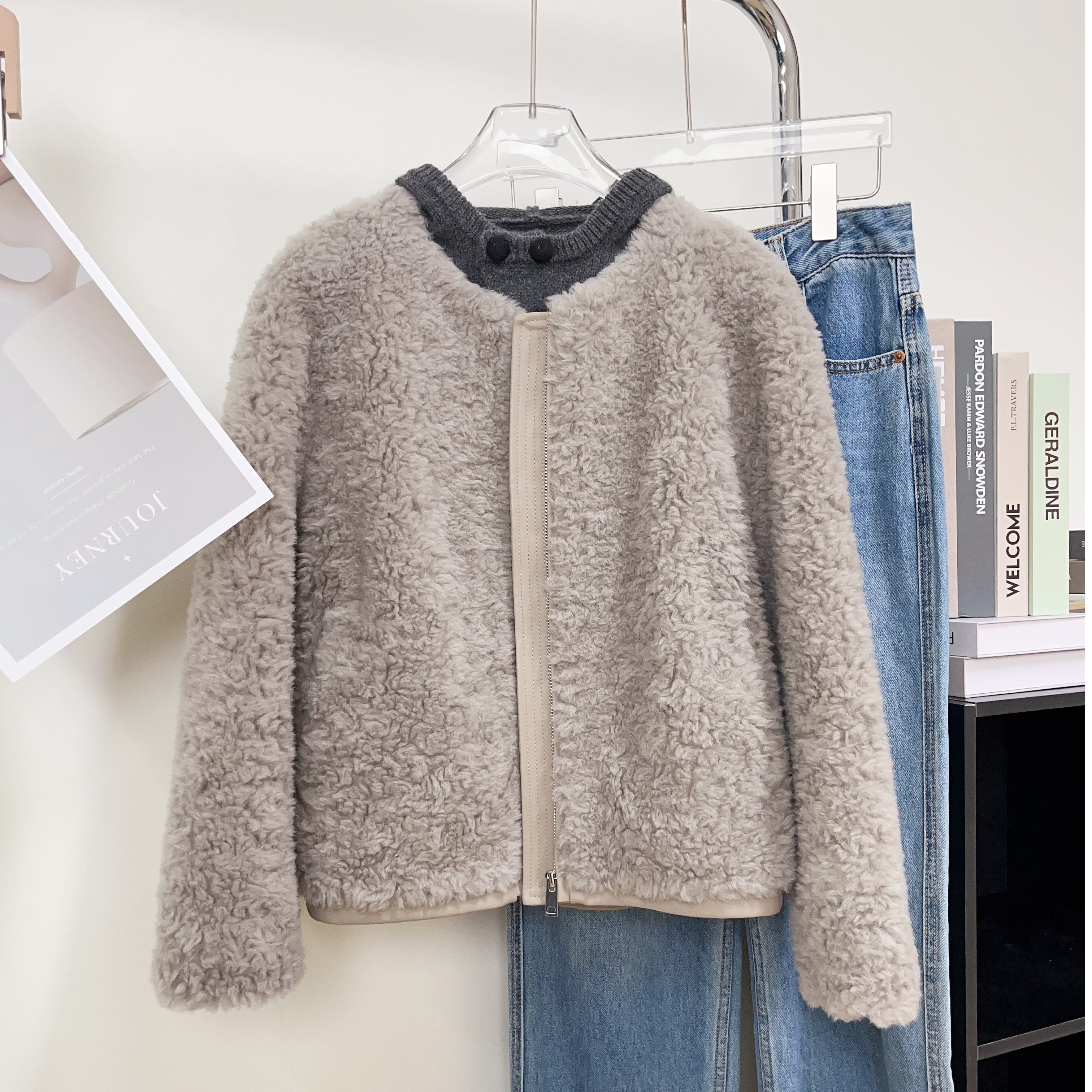 Y11绵羊毛100%羊剪绒外套圆领颗粒绒短款上衣2025冬季款