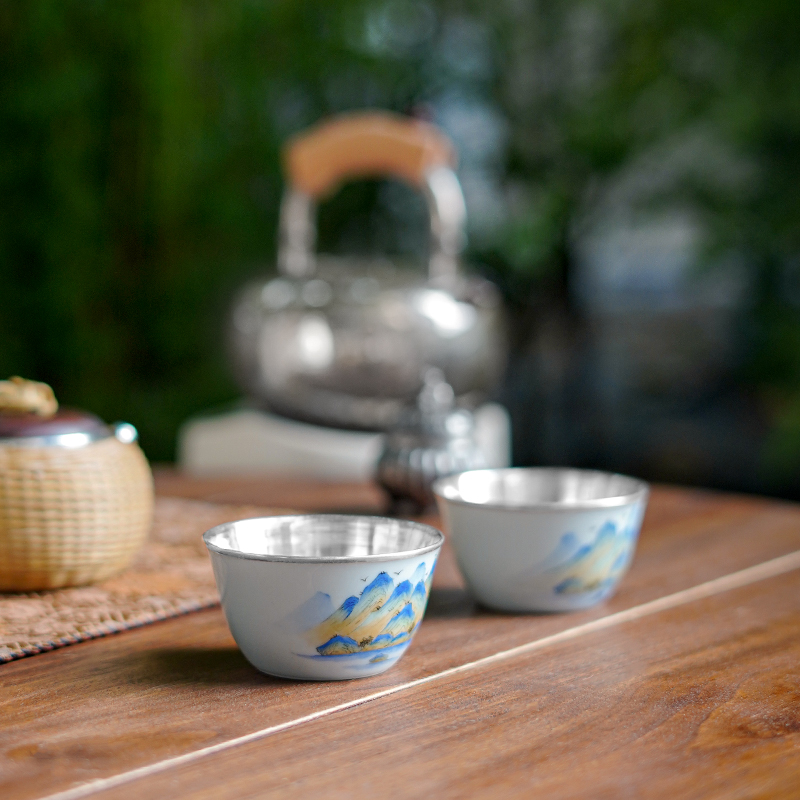纯银999银茶杯包银杯主人杯品茗杯手绘千里江山家用茶杯茶具 青绿