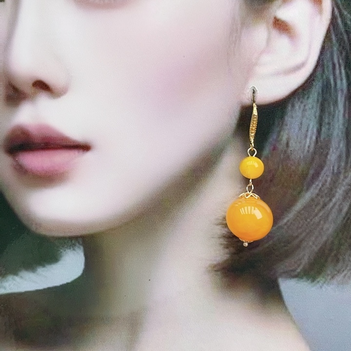 琥珀耳饰未镶嵌蜜蜡双珠
