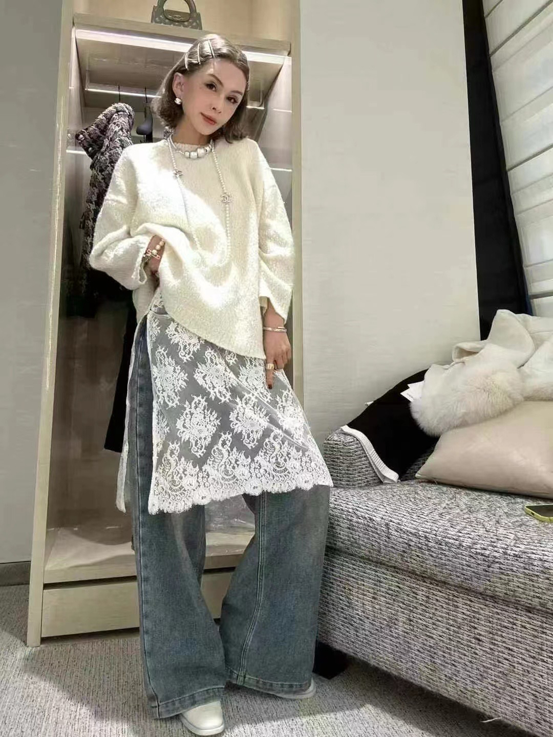 设计师款松紧腰蕾丝百搭白色半身裙不规则裤子