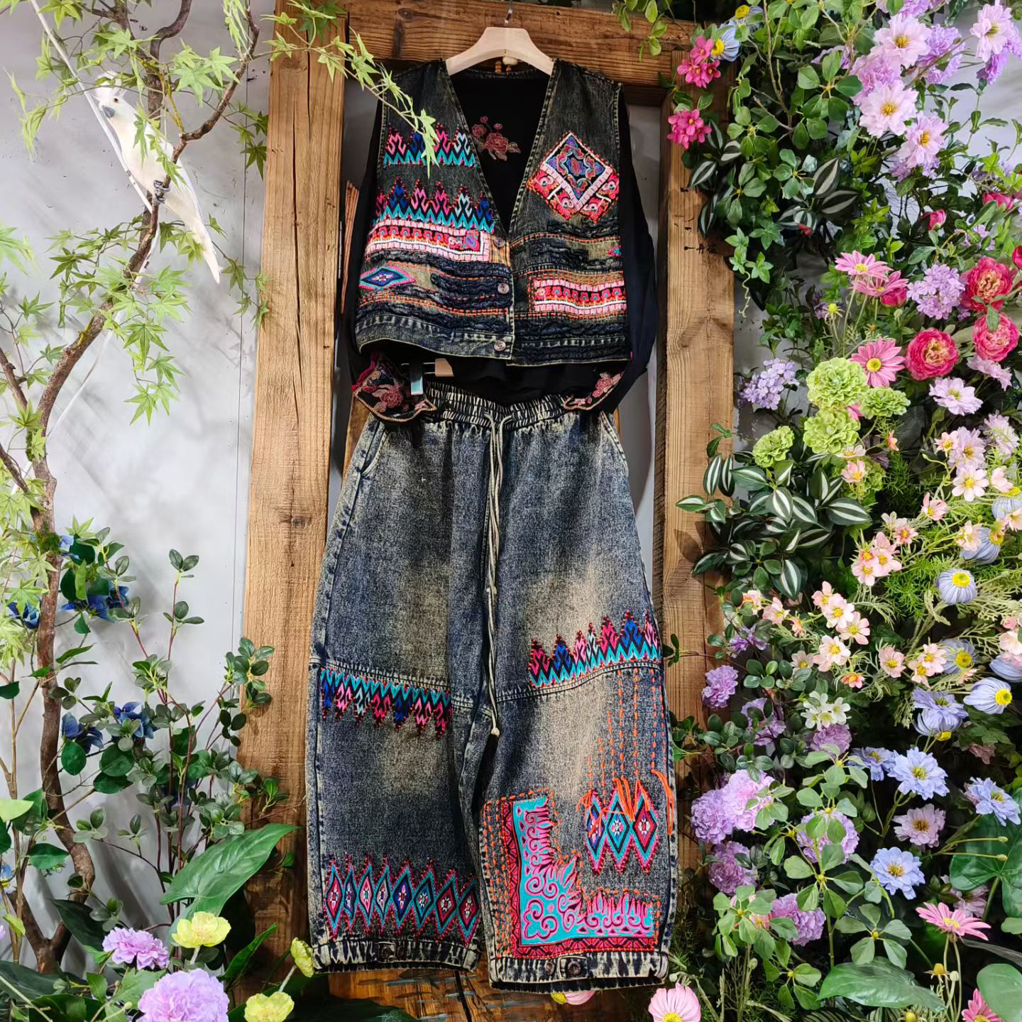 手工新款中裤直筒裤女民族风阔腿裤牛仔裤拼接做旧休闲宽松手工缝