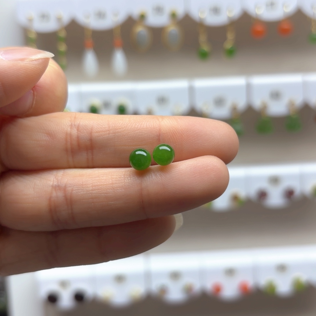 和田玉耳饰银S925镶嵌6mm 