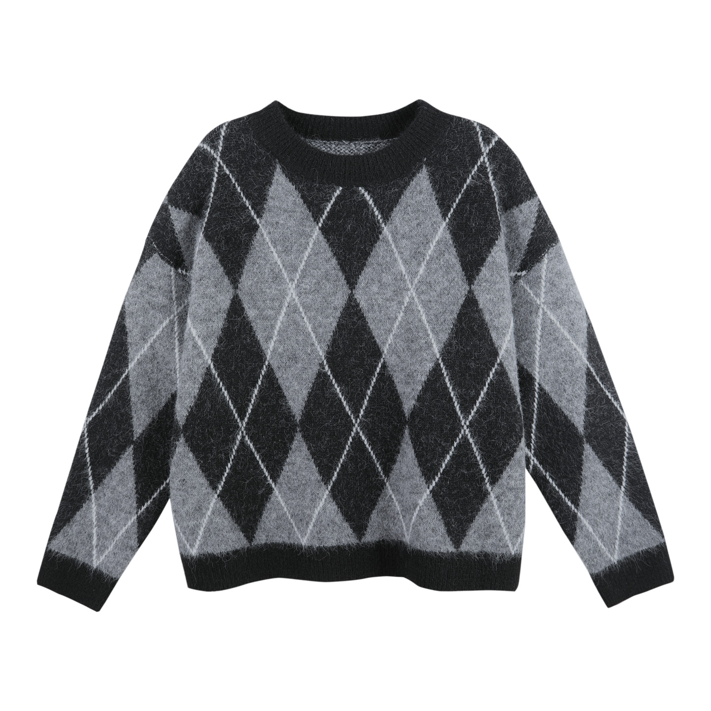 2025新款复古菱格纹宽松圆领针织毛衣上衣HBZX710099