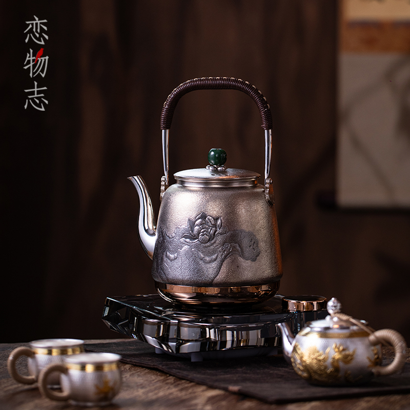 足银999纯手工錾刻中式复古提梁壶家用煮茶壶功夫茶具茶器 速沸