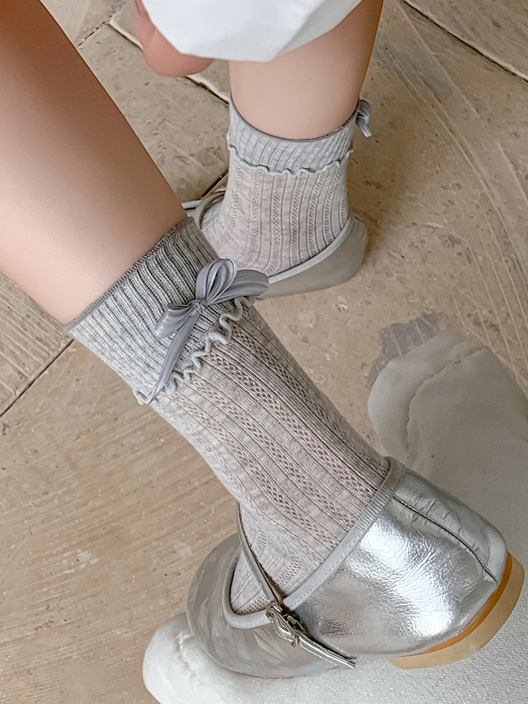 蝴蝶结袜子女中筒袜夏季薄款日系jk网眼透气木耳花边堆堆袜洛丽塔