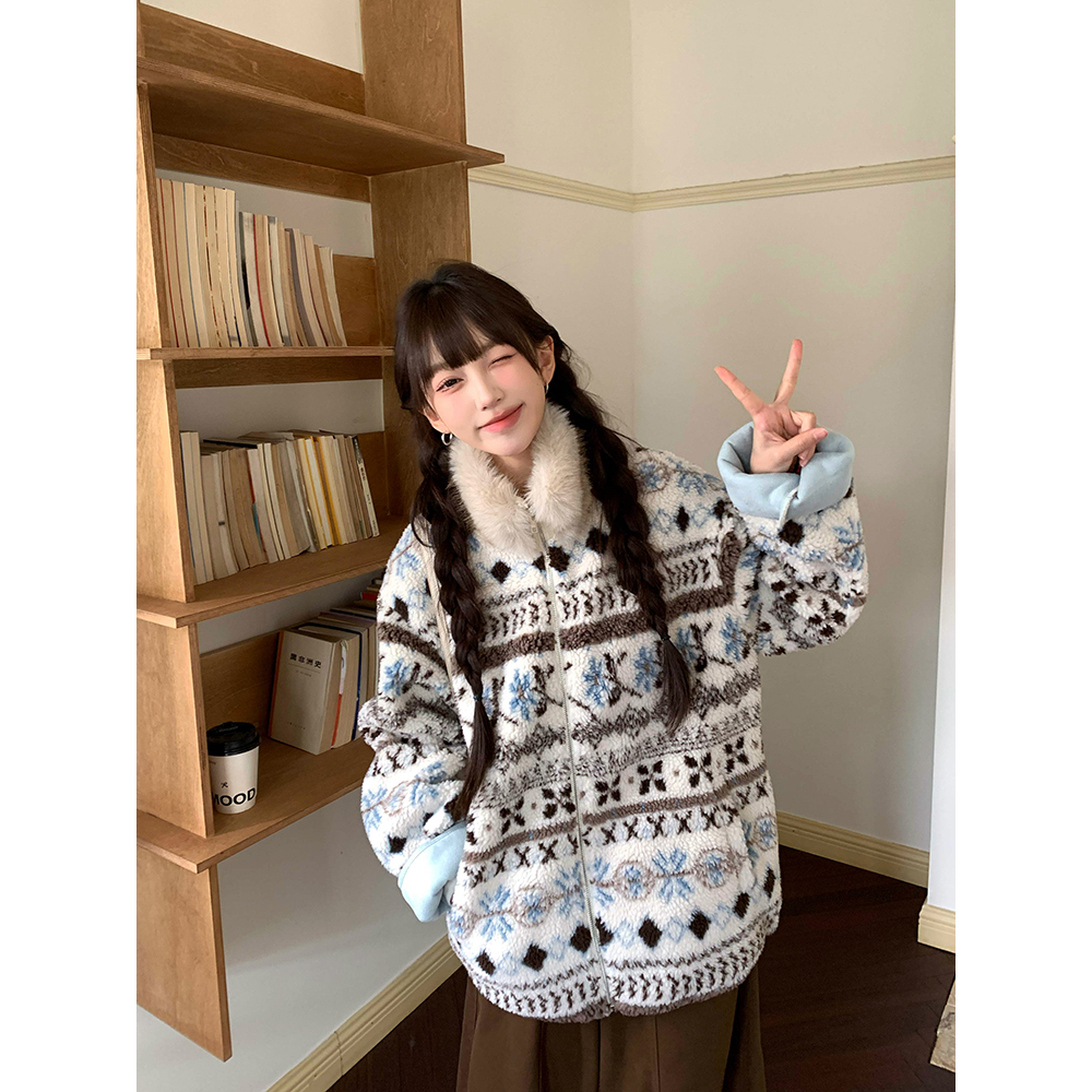 实拍实价~2025新款费尔岛毛领外套女秋冬加厚保暖洋气开衫外套