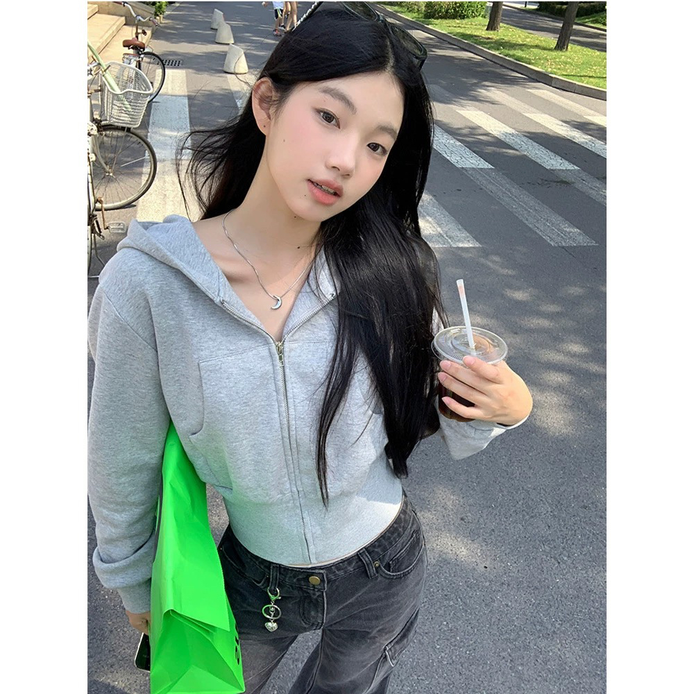 【小黄梨】小个子春秋美式复古连帽短款修身卫衣开衫上衣