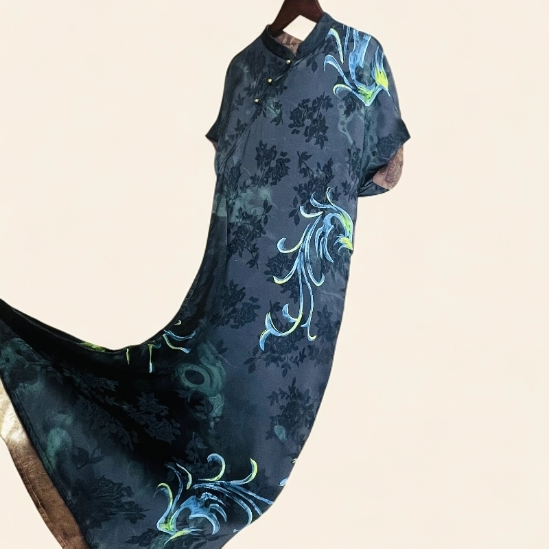 【蓝汀】国风刻丝提花夏季立领长款气质女装连衣裙