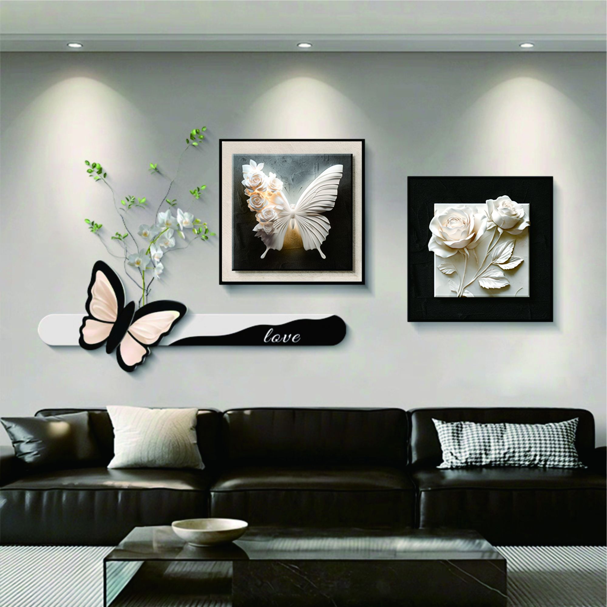 现代简约客厅装饰画黑白蝴蝶沙发背景墙挂画高级感绿植组合画壁画