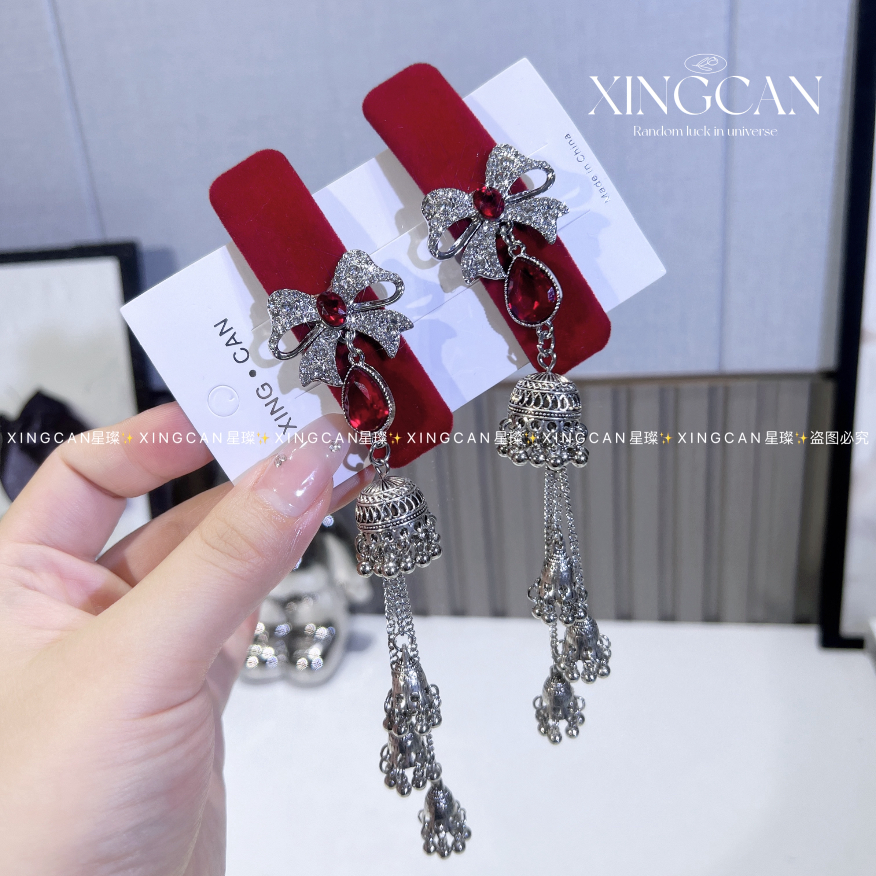 红色丝绒蝴蝶结长流苏复古民族风女边夹复古宫廷发卡发夹红色头饰