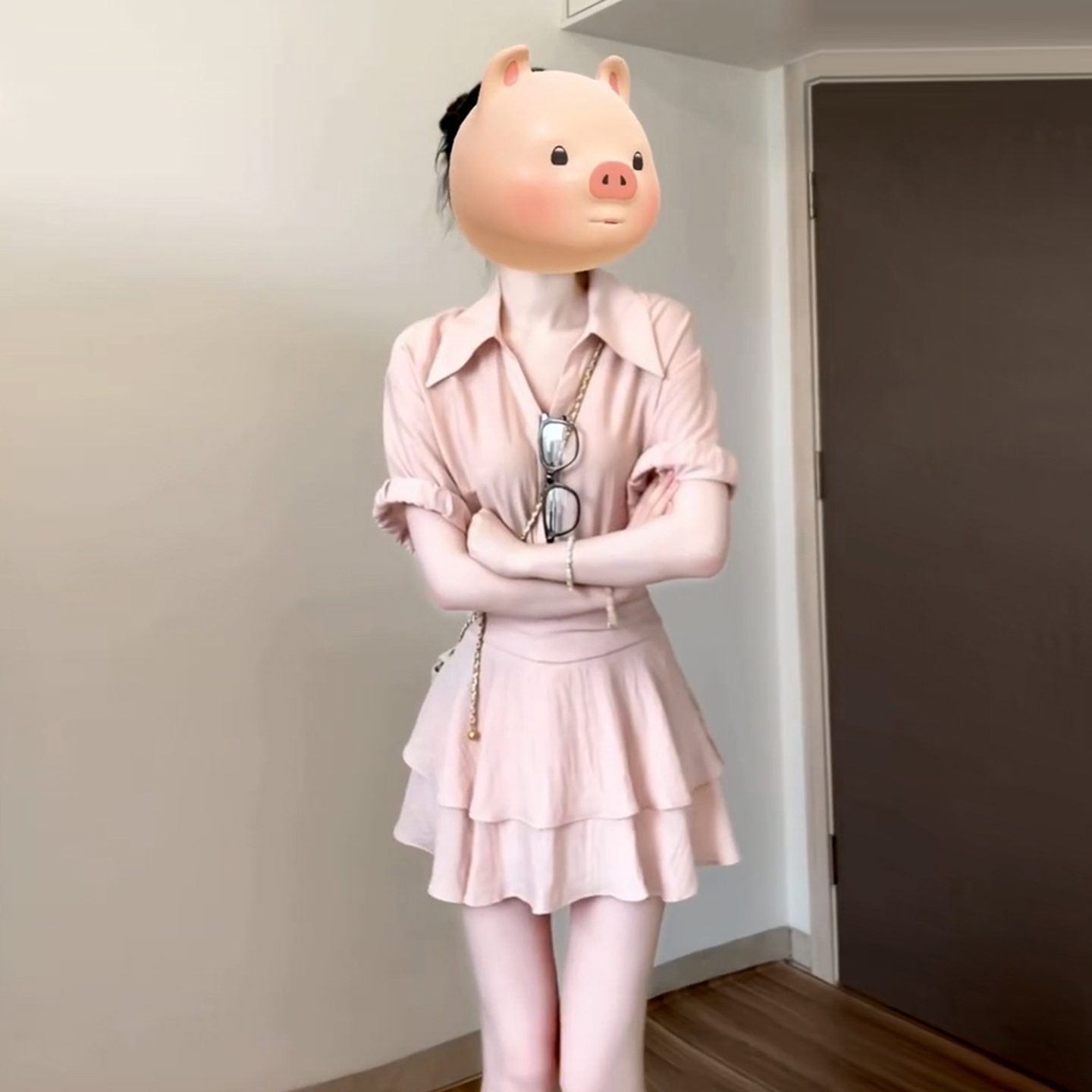 温柔风粉色衬衫连衣裙子女夏季2025新款甜美气质收腰套装短裙3955