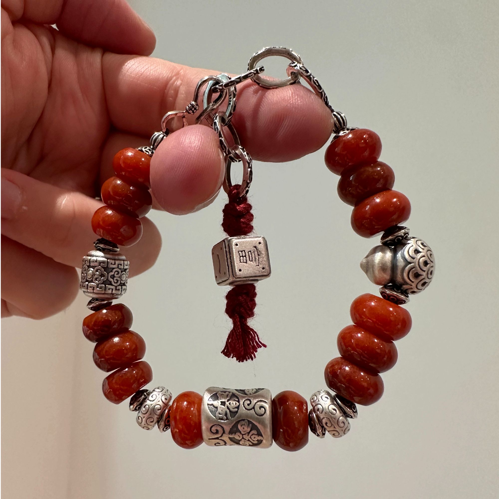 S11803<非晚>足银红翡翠如意五路财神日富一日方块手链 