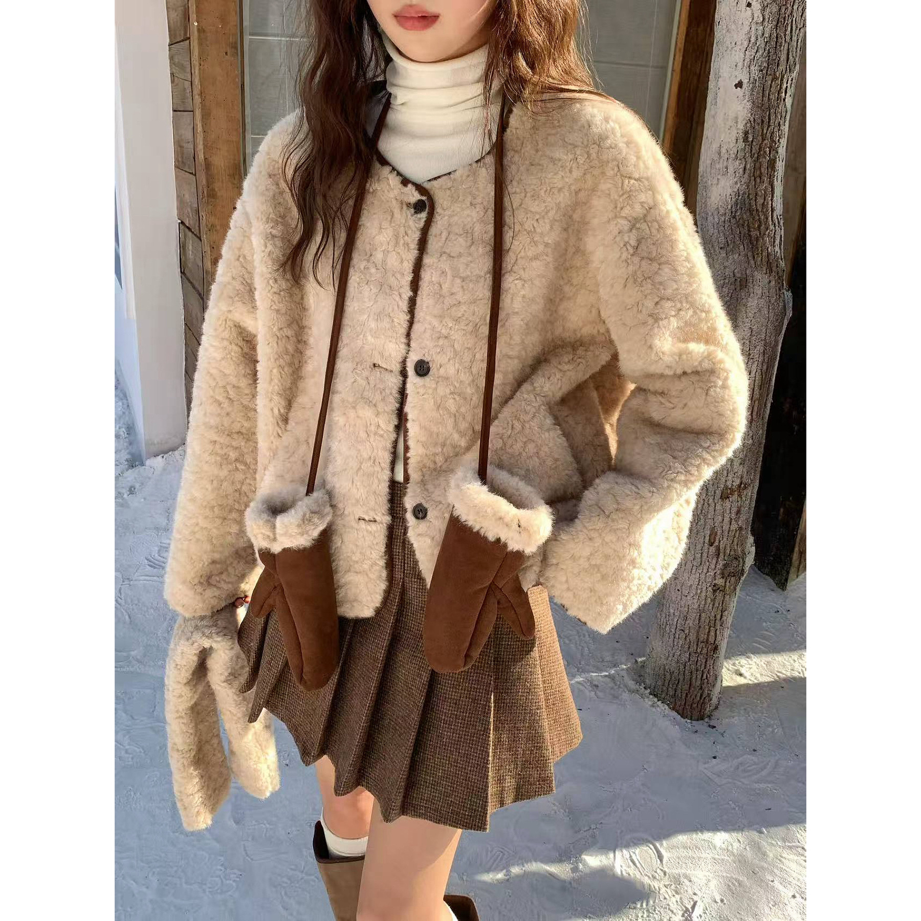 lemon@6932 韩系简约百搭毛毛外套（配手套围巾）