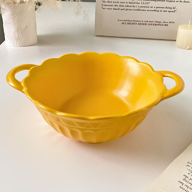 纯色浮雕双耳碗泡面碗水果沙拉碗防烫好端拿面碗家用菜碗陶瓷大碗