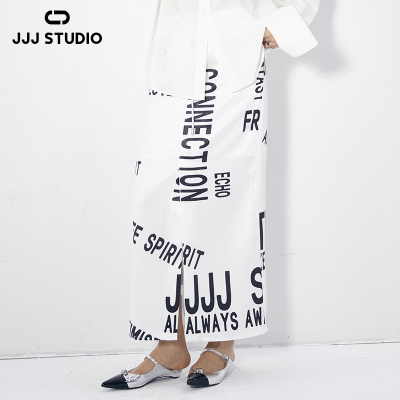 JJJ STUDIO 白色直筒百搭字母印花开衩设计松紧腰半裙 JDWFS1Q051