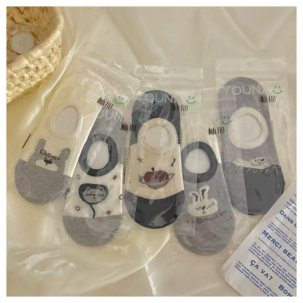 女士夏季卡通印花隐形袜五双特惠装