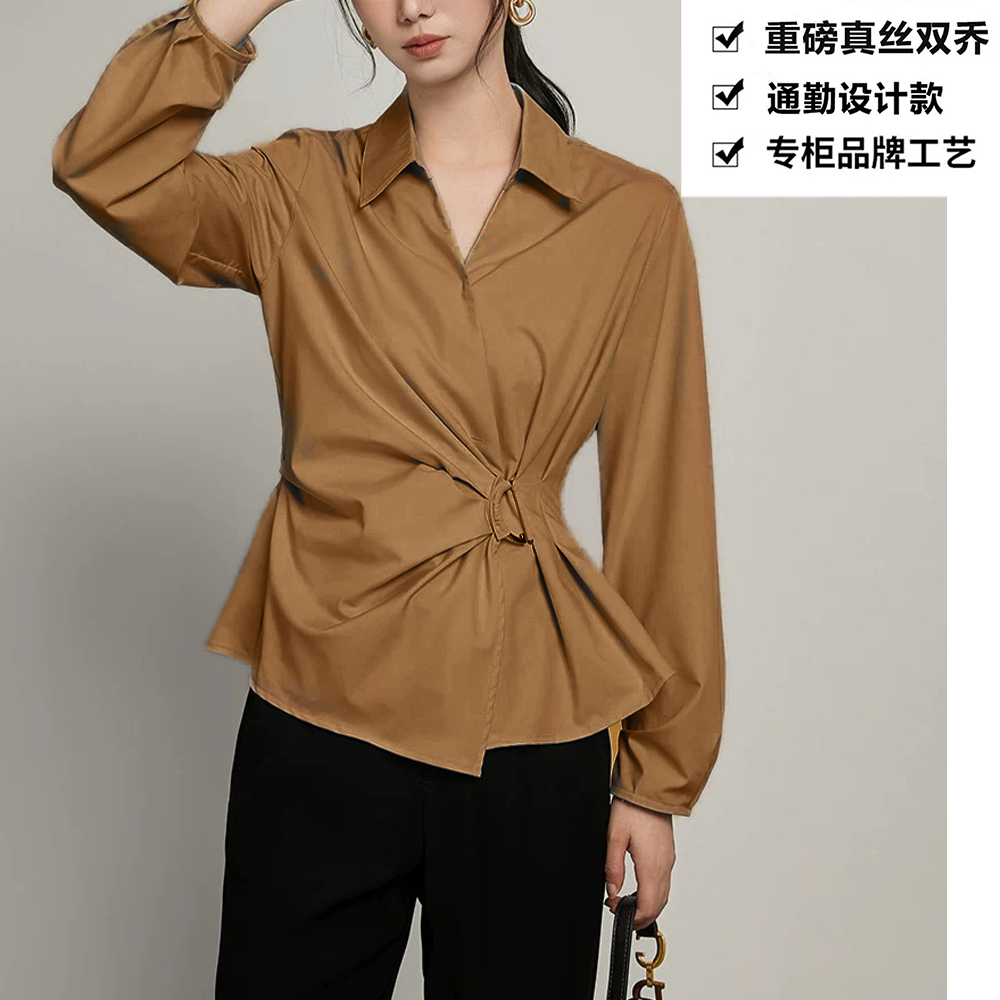 重磅真丝双乔法式掐腰设计百搭V领个性桑蚕丝衬衫上衣ZKA16卡其色