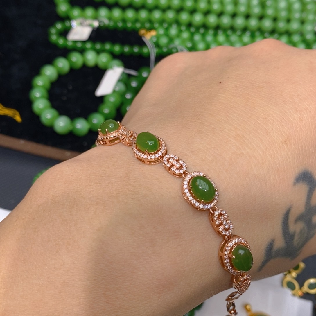 和田玉（碧玉）手链银S925镀金镶嵌