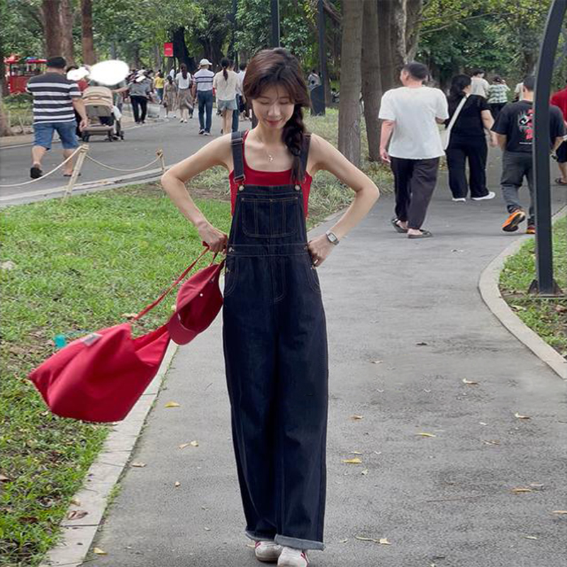 美式复古牛仔背带裤女夏季小个子2025新款慵懒风宽松直筒阔腿裤子