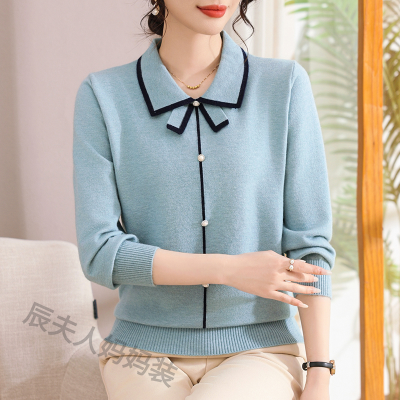 妈妈装2024春秋新款毛衣针织衫长袖时尚翻领上衣中老年女装