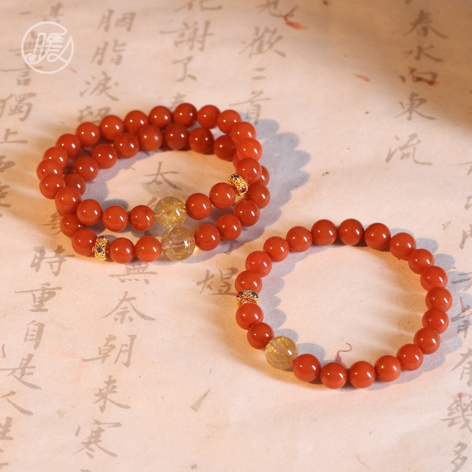 单圈玛瑙手串8mm搭配18k金配件发晶路路通手链H3046多样性发一