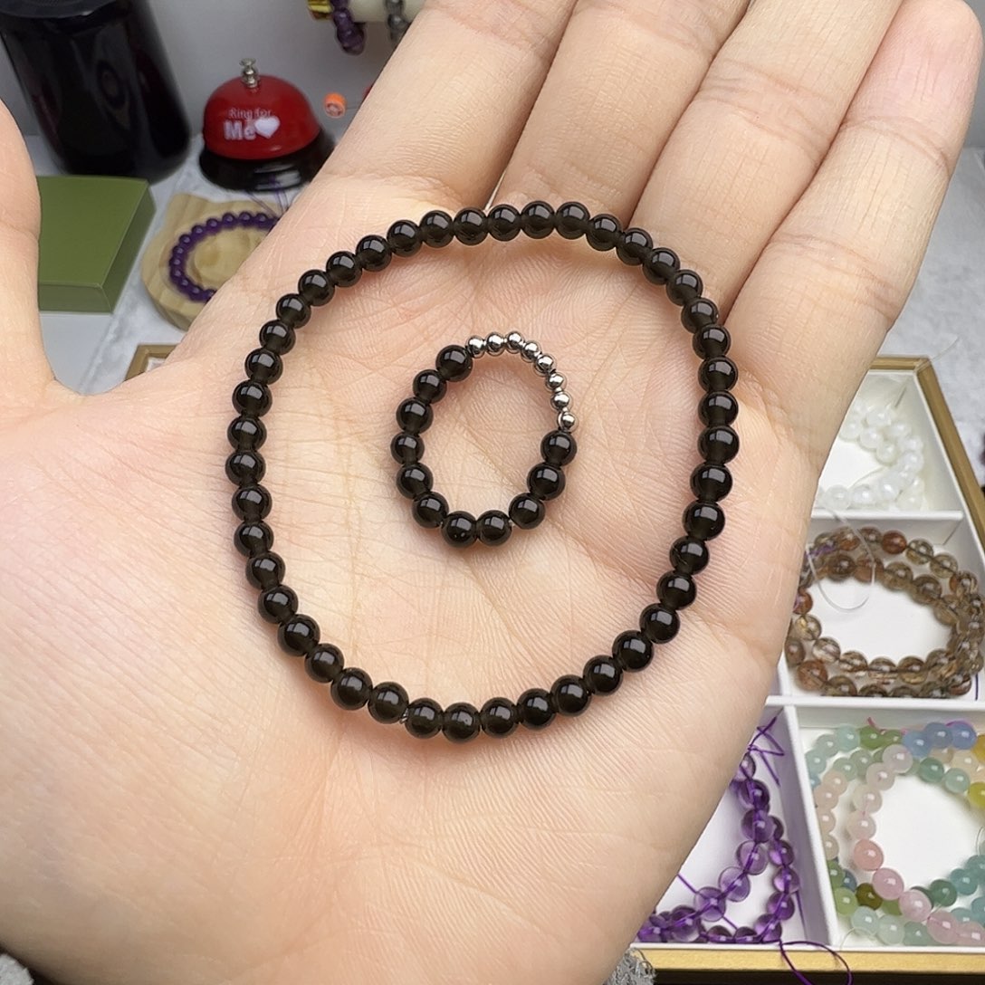 水晶手串未镶嵌黑耀石手串戒指套组