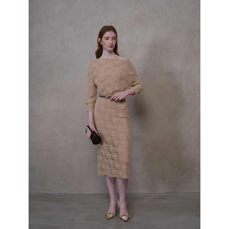 Mix Selection｜月桂裙2.0 一字领羽毛纱蕾丝收腰连衣裙MSDJQ1020