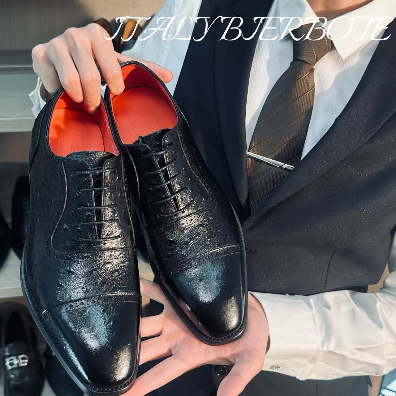 英伦布洛克雕花男鞋平跟新郎结婚鸵鸟皮男款黑色红内商务正装皮鞋