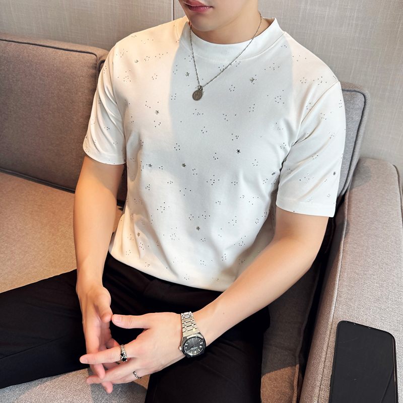 时尚烫钻亮闪闪设计感~圆领弹力T恤修身短袖白色 高考毕业季男士