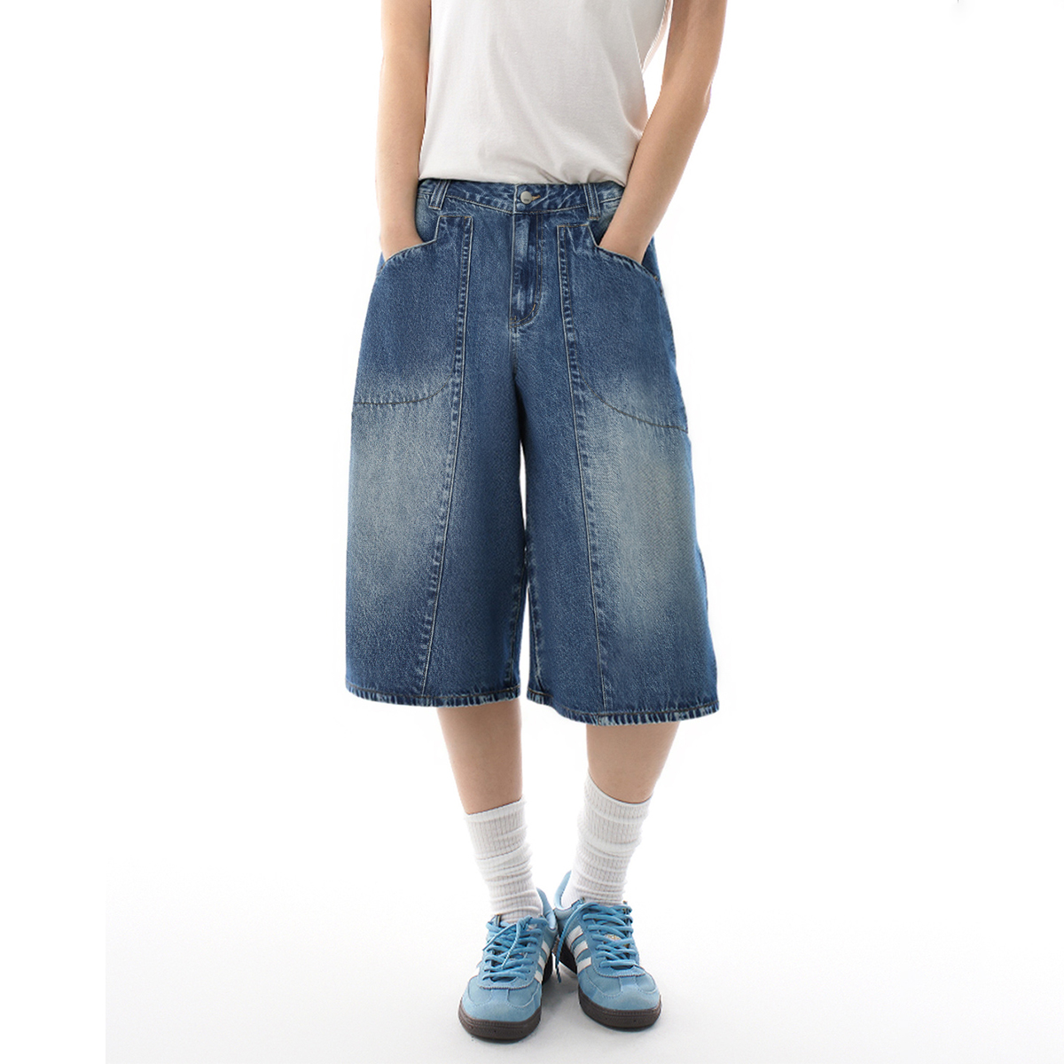 izzue夏季休闲七分裤水洗男女同款常规款牛仔裤吸汗拼接短裤百搭