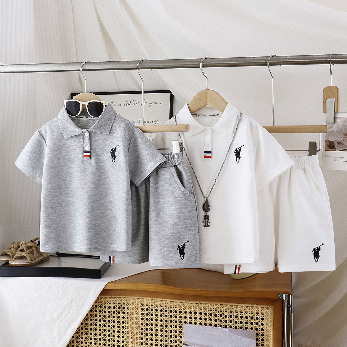儿童POLO短袖套装夏季新款男女童刺绣T恤珠地棉翻领宝宝韩版童装
