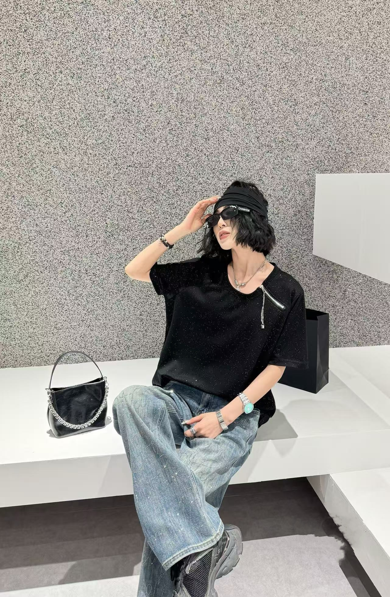 夏季穿搭20398新款大码拼接拉链正肩宽松洋气时尚T恤