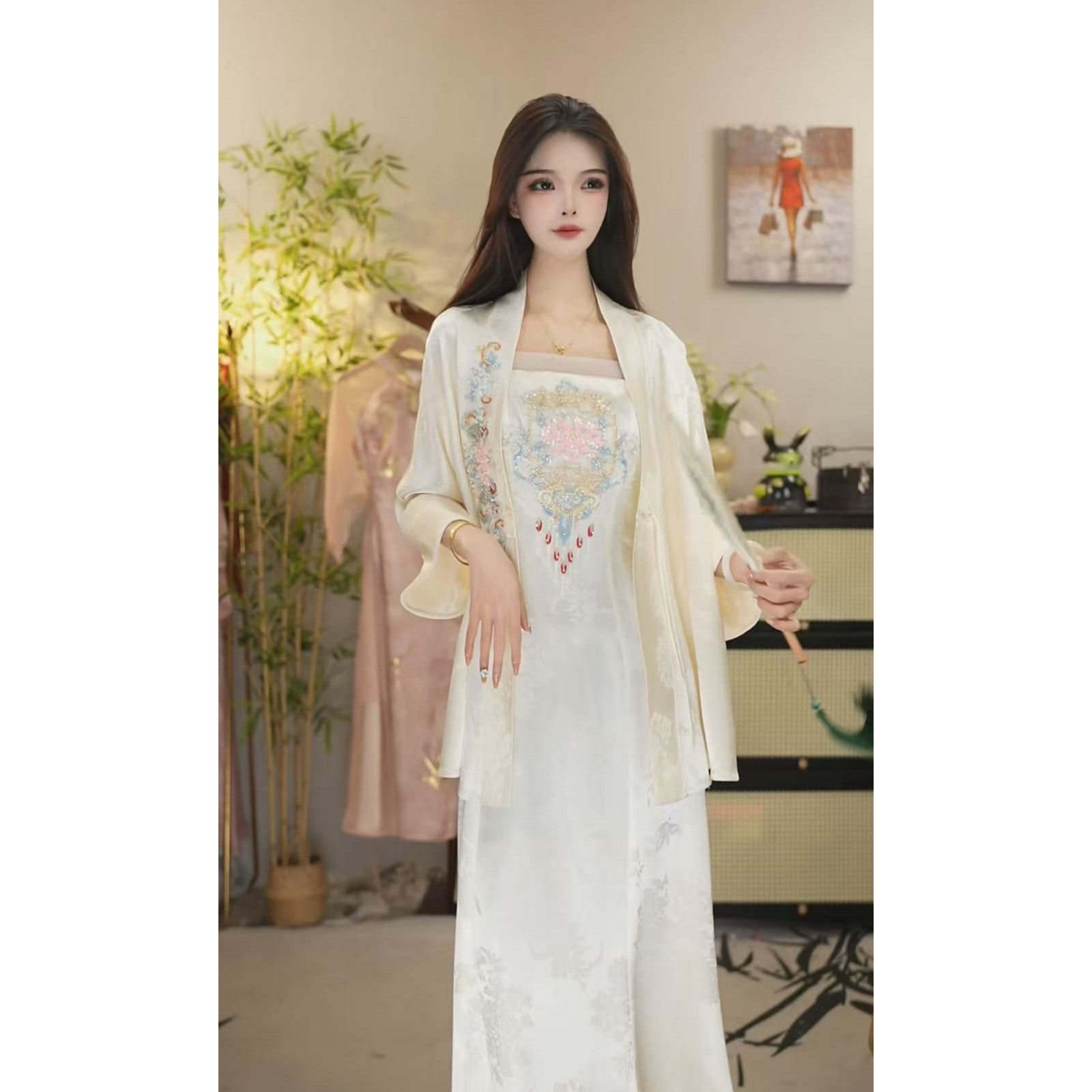 花享悦2025夏季新款中国风飘逸日常香槟长款套装WW（2580+2680）