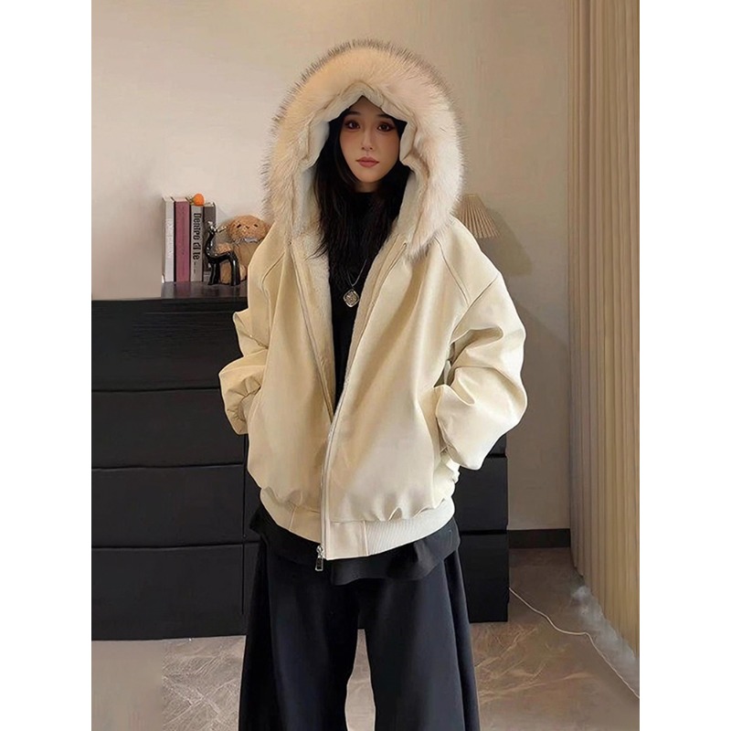 座山雕短款pu皮毛领棉服男冬季连帽美加绒外套cleanfit保暖厚夹克