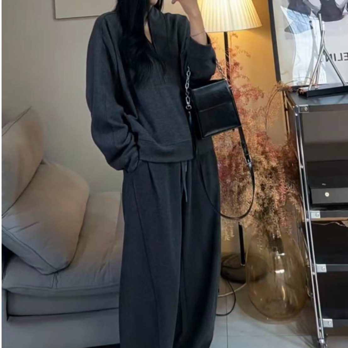 【ERUME】半机构拉链卫衣套装宽松遮肉显瘦大码长裤套装1085-1