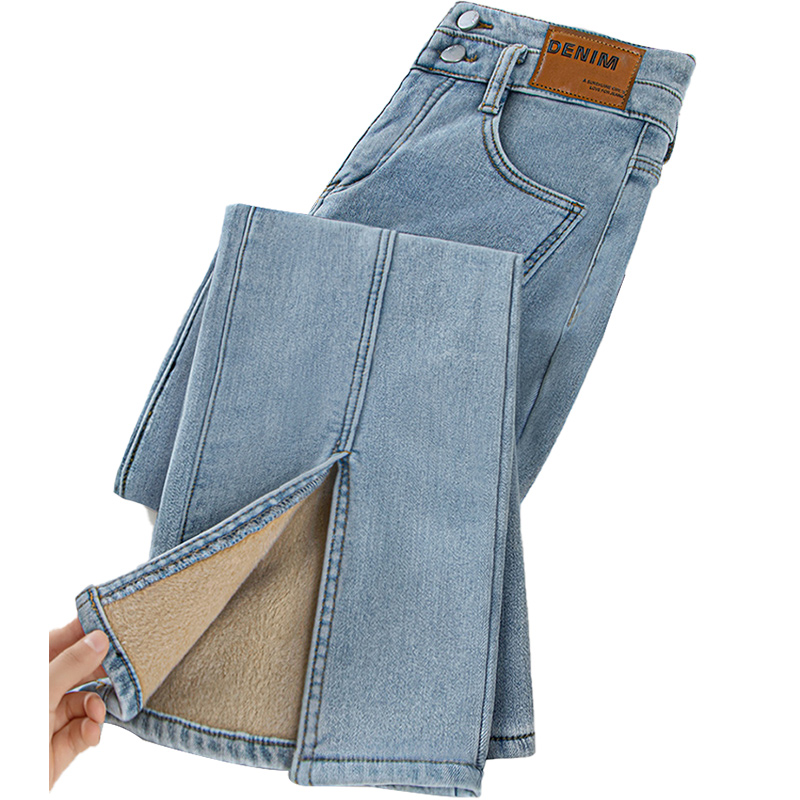 丝柏舍2025冬装新款女宽松加绒微喇裤高腰开叉牛仔裤S24K6991KS