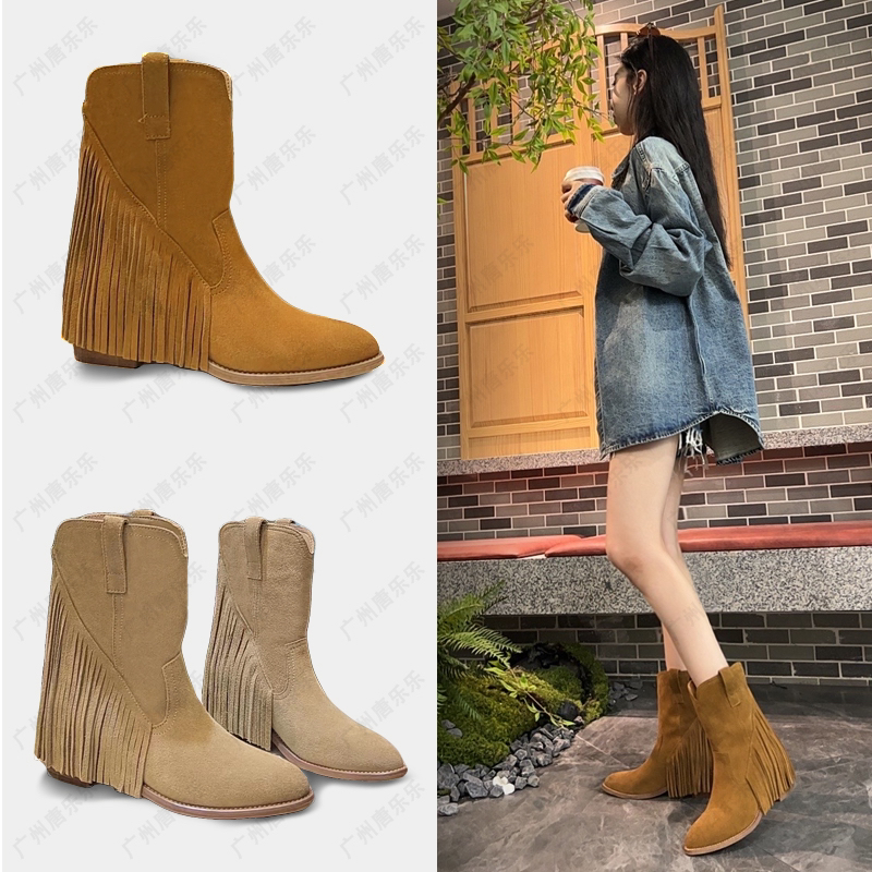 【现货发出】~磨砂真皮V口短靴单靴休闲尖头粗跟女靴流苏777-1（苏