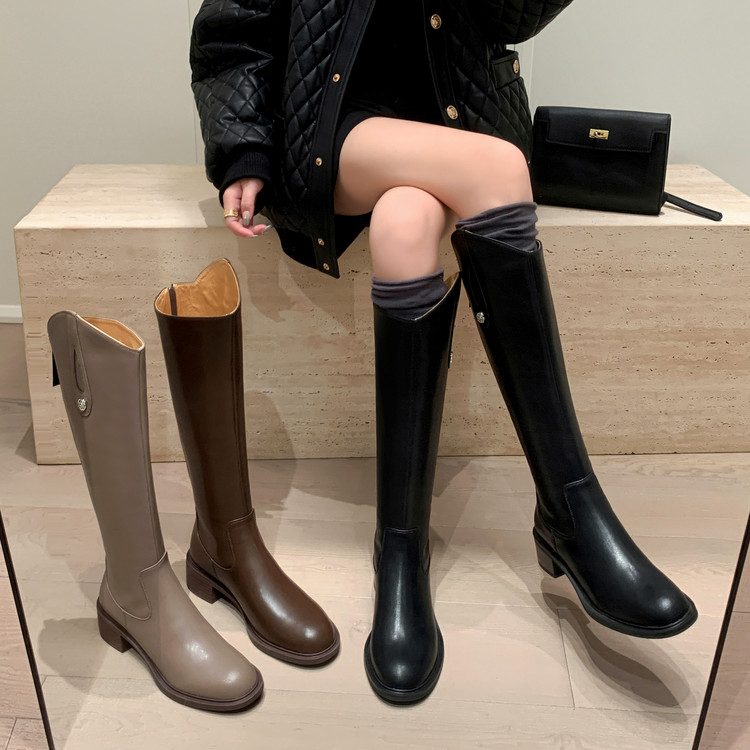 4.5cm【牛皮】 百搭新款粗跟软底长筒靴时装靴骑士靴女秋冬单/绒里
