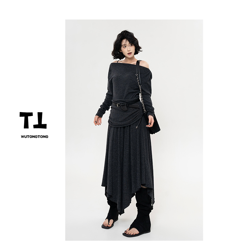 【费尔岛】春季长袖连衣裙女过膝休闲韩版不规则A字裙61644