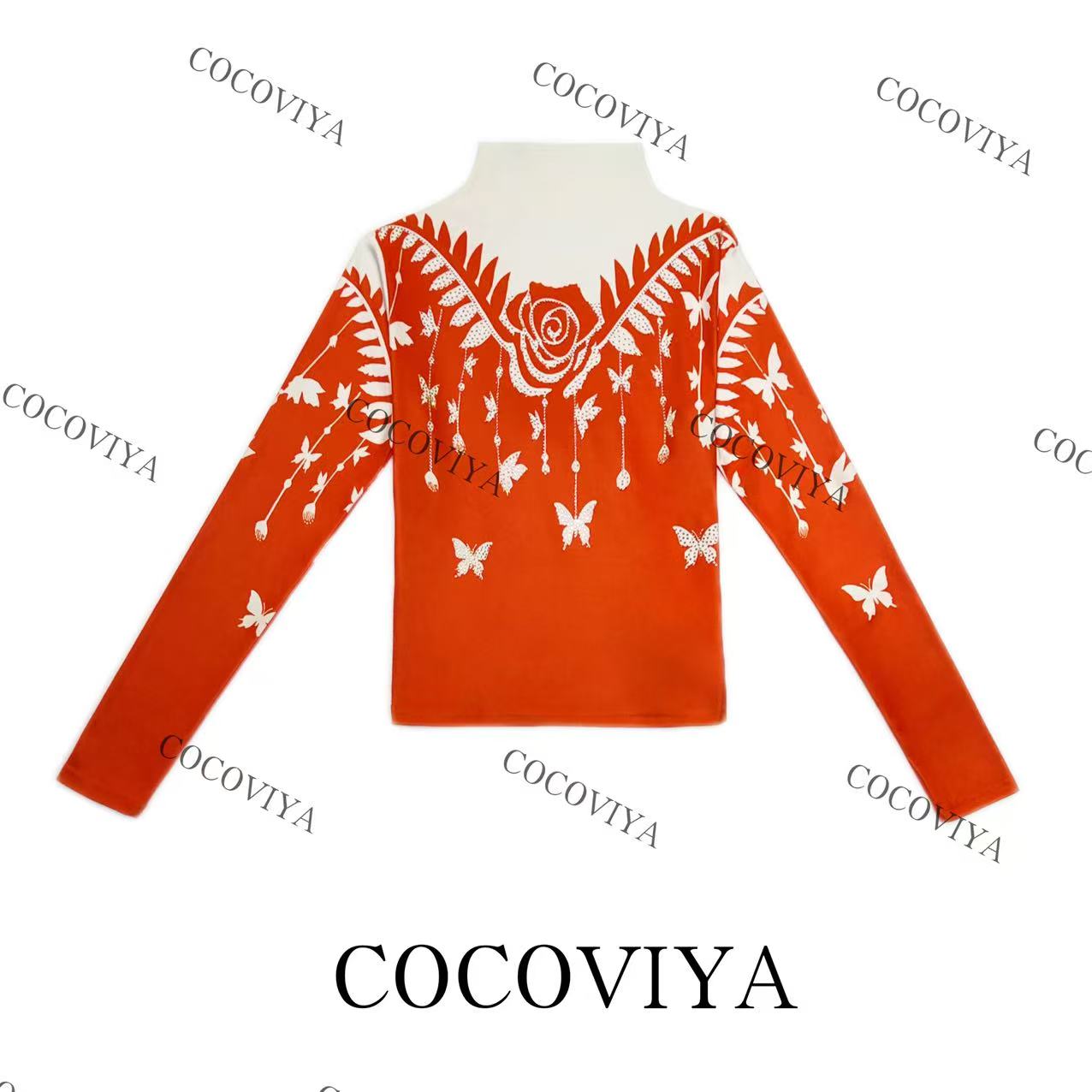 【CC】COCOVIYA瑰瓣蝶影柔雅德绒长袖T恤时尚内搭休闲上衣26C-1049