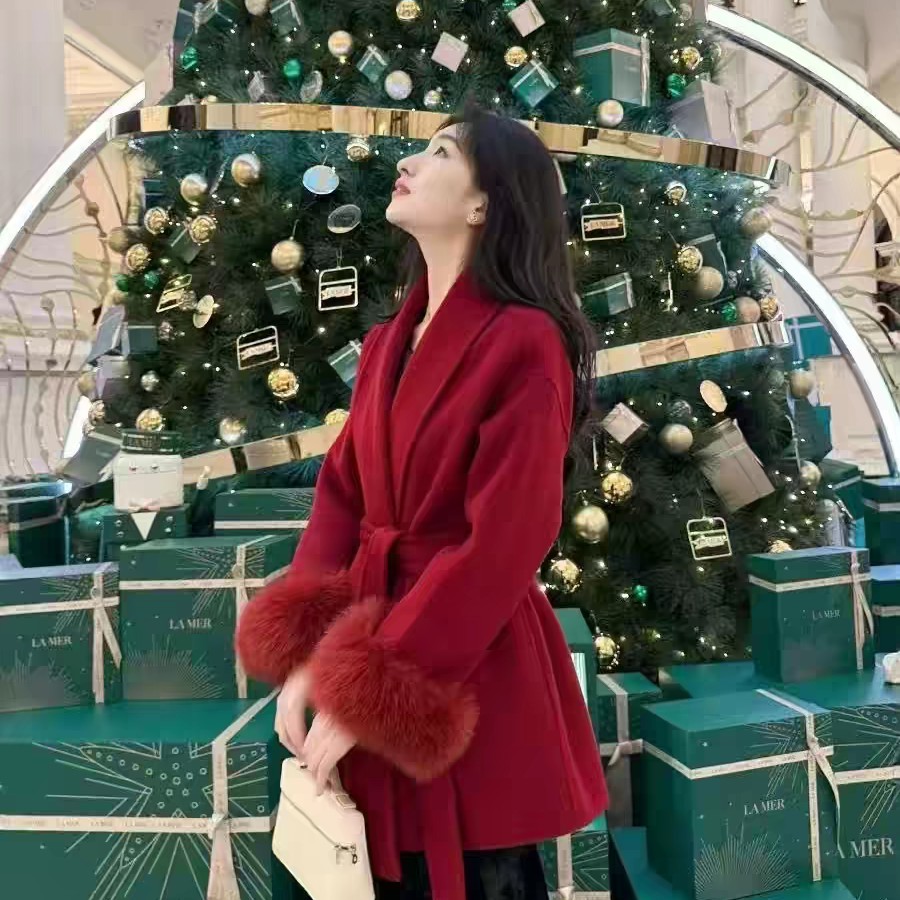 新年红色可拆卸狐狸毛袖双面羊毛新年红本命年小个子羊毛外套