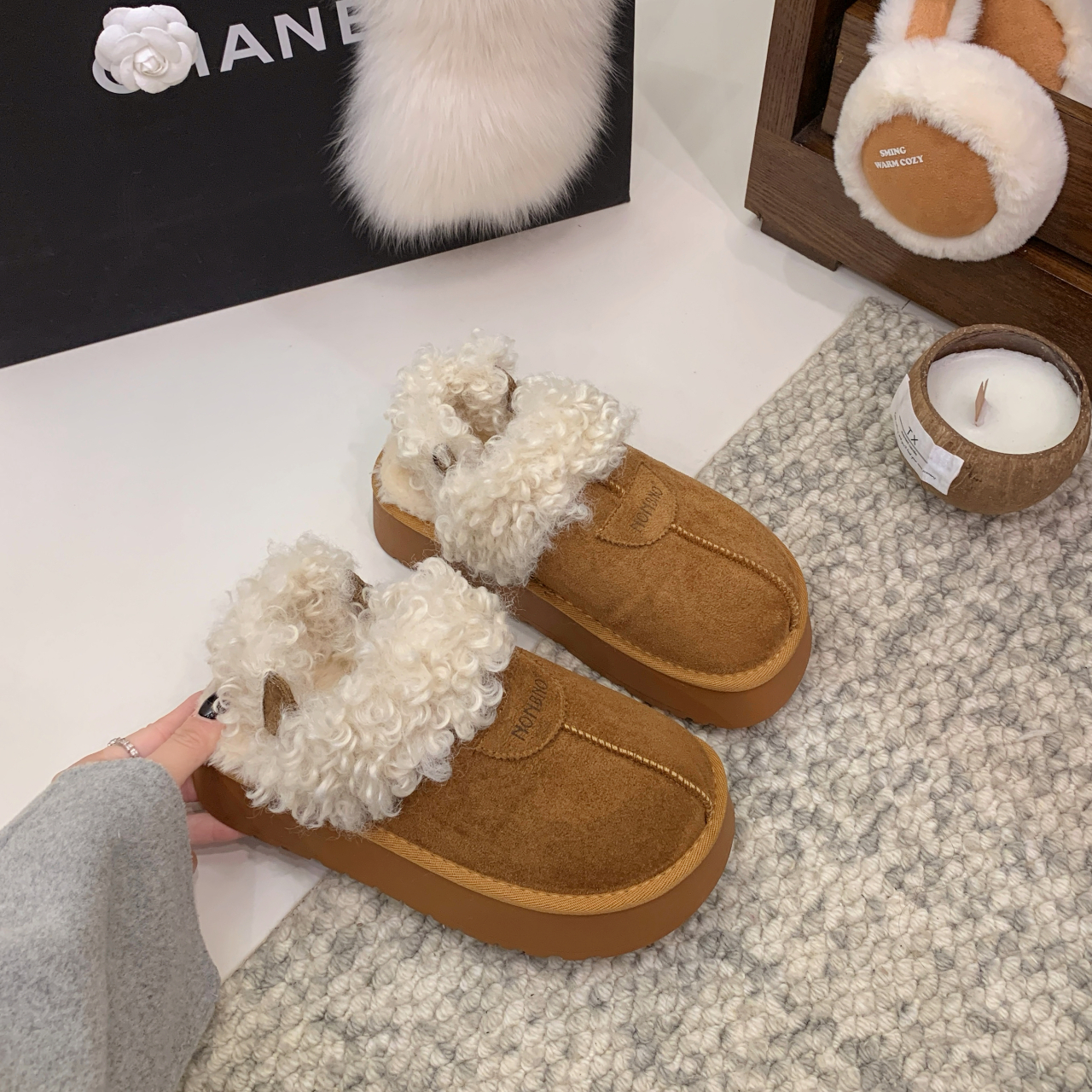 毛毛鞋女鞋防滑冬季套筒保暖短筒时尚雪地靴棉鞋平底88-7厚底加绒