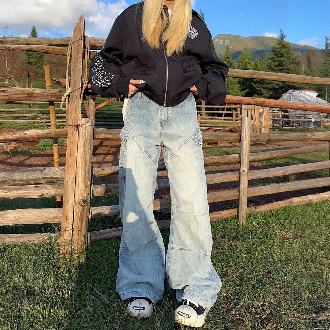 【清仓】美式复古弯刀牛仔裤女秋季2025新款宽松直筒阔腿拖地镰刀裤