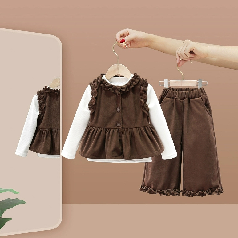 2024春秋季女童套装新款洋气时髦小女孩休闲马甲打底衫三件套衣D