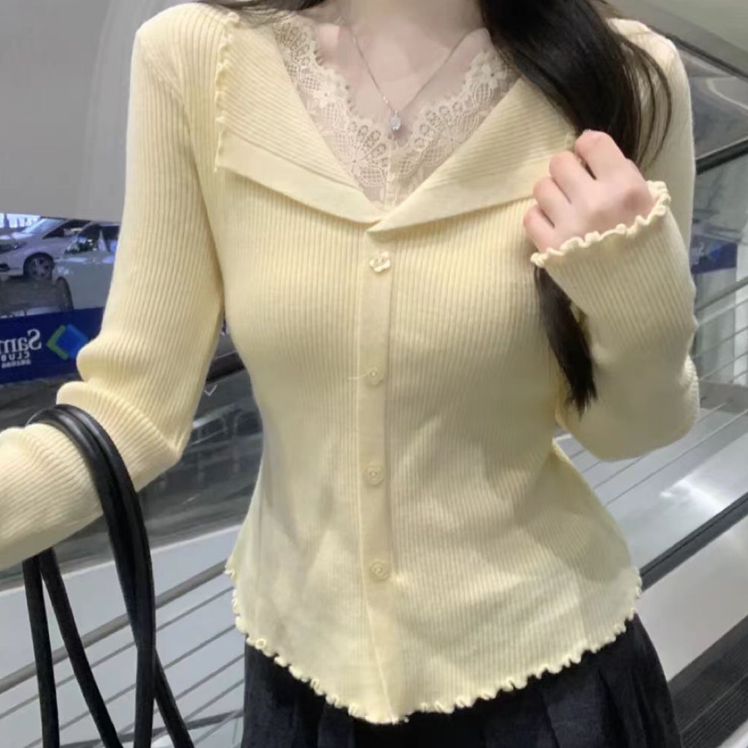 2582法式蕾丝拼接V领针织温柔风保暖百搭毛衣