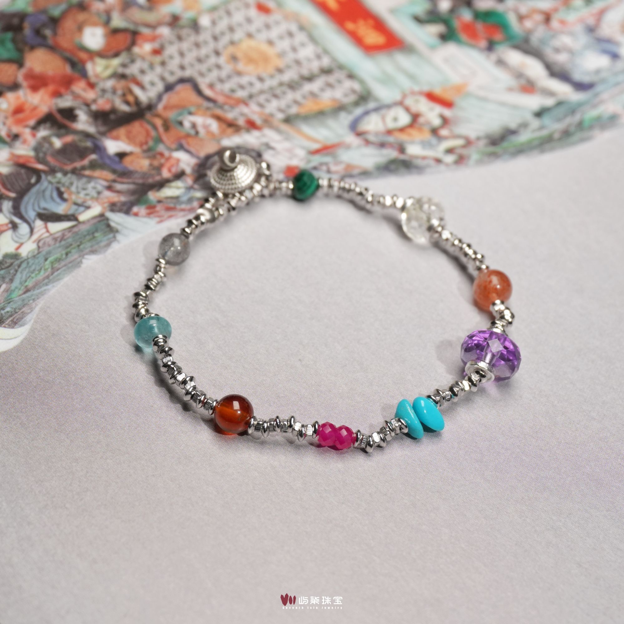 F680 水晶银S925镶嵌 多色多宝碎银银手串