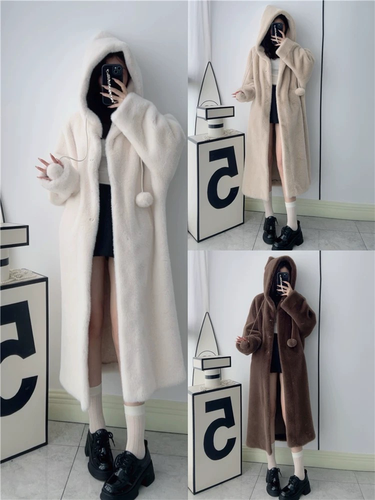 【大白熊2.0】2024冬季新款韩版连帽领仿水貂毛加厚保暖毛毛大衣