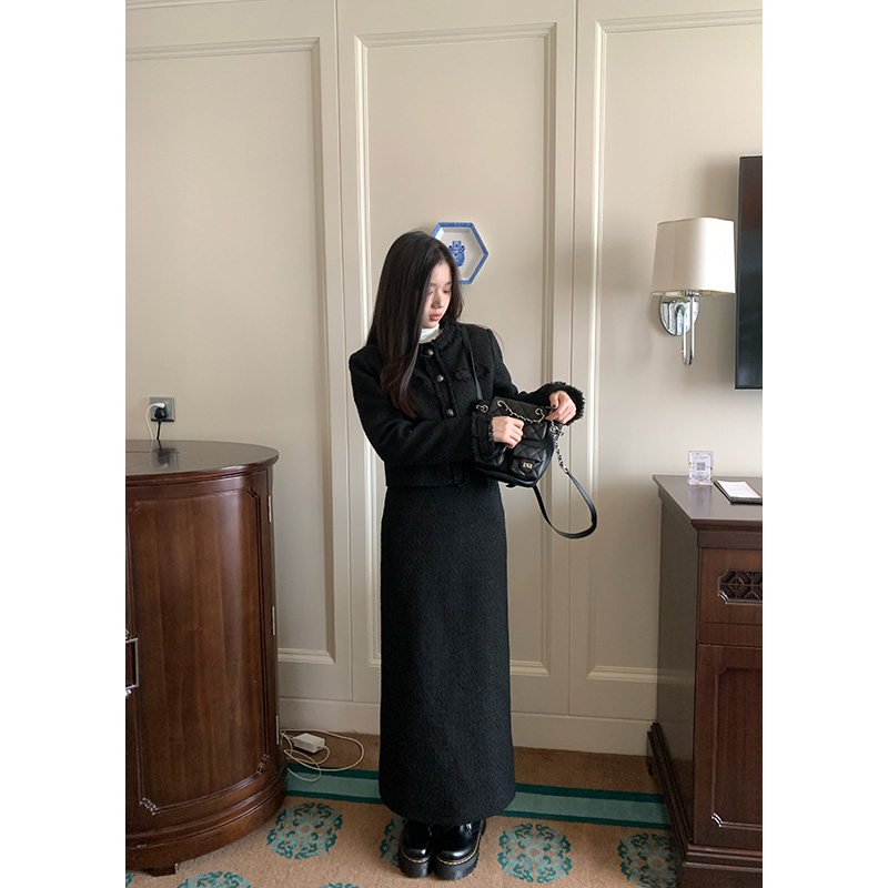 YOKLASS少女家 【清清】黑色小香外套半裙两件套显瘦套装S26593S44