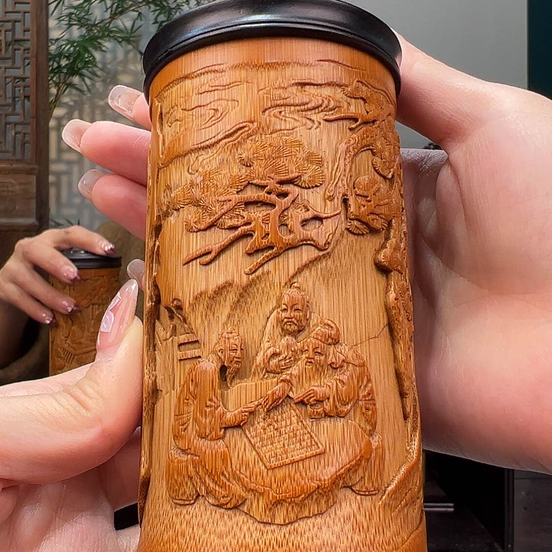 竹竹雕旗开得胜茶叶罐